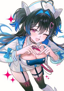 1girl ahoge ariko_(aaaaarik) bent_over black_choker black_hair black_thighhighs breasts choker cleavage commentary detached_collar dress english_commentary garter_straps hair_intakes hat heart heart_ahoge heart_hands highres jacket large_breasts long_hair looking_at_viewer multicolored_hair one_eye_closed open_clothes open_jacket open_mouth pink_eyes sailor_hat simple_background smile solo streaked_hair thighhighs two-tone_hair two_side_up very_long_hair vfleet virtual_youtuber white_background white_dress white_jacket yorki-10 zettai_ryouiki