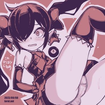 1girl backbeako_(torotei) backbeard blush breasts commentary commentary_request constricted_pupils dated dated_commentary dress elbow_gloves female_focus gegege_no_kitarou gloves hair_over_one_eye hair_ribbon kono_lolicon_domome loli long_hair looking_at_viewer monochrome one_eye_closed open_mouth original paid_reward_available panties pointy_ears ribbon simple_background sitting sleeveless sleeveless_dress small_breasts solo sweat sweatdrop thighhighs torotei translated twintails underwear watermark web_address