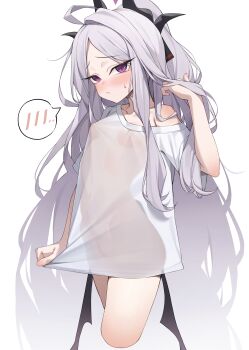 1girl absurdres ahoge alternate_costume black_horns blue_archive closed_mouth commentary_request grey_hair highres hina_(blue_archive) horns loli long_hair looking_at_viewer naked_shirt purple_eyes see-through_clothes see-through_shirt shirt simple_background solo spoken_blush um_111 white_background white_shirt wings