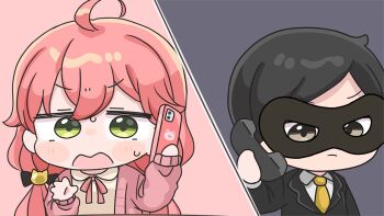 1boy 1girl ahoge black_hair black_jacket brown_eyes cellphone chibi closed_mouth collared_shirt eye_mask formal_clothes green_eyes holding holding_phone hololive jacket long_hair long_sleeves low_twintails mask mochimiko necktie open_clothes open_jacket open_mouth phone pink_hair pink_jacket puffy_long_sleeves puffy_sleeves sakura_miko shirt suit sweat swept_bangs twintails virtual_youtuber wavy_mouth white_shirt yellow_necktie