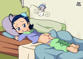 2girls ahoge anal anal_object_insertion ass bed bedroom blue_eyes blue_hair blue_panties clothes_pull fairy female_focus flying full_body good_or_evil hat highres hugging_object loli looking_at_viewer lying multiple_girls nurse nurse_cap nurse_outfit object_insertion ojamajo_doremi pajamas pajamas_pull panties pants pants_pull pants_rolled_up pillow pillow_hug senoo_aiko thermometer underwear