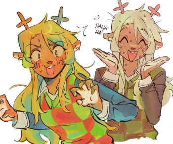 1girl animal_ears antlers black_sleeves blonde_hair checkered_clothes checkered_vest collared_shirt commentary deer_antlers deer_ears deer_girl deltarune english_commentary furry furry_female goomyloid highres horns laughing long_hair long_sleeves multiple_views noelle_holiday open_mouth shirt smile sweat utdr_(toby_fox) vest white_shirt