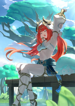 1girl absurdres arm_up armpits blue_nails blue_sky breasts commentary_request dancer day detached_sleeves fake_horns floating_hair foot_out_of_frame fungi_(genshin_impact) genshin_impact gladiator_sandals harem_outfit highres horns low_twintails medium_breasts midriff mochooo_oo nail_polish navel nilou_(genshin_impact) open_mouth outdoors pier puffy_sleeves red_hair sandals sitting sky solo stretching tree twintails veil water white_veil yawning