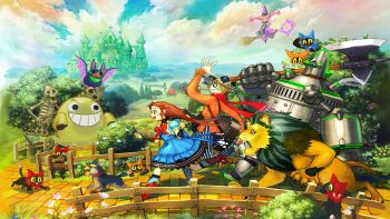 animal_ears axe blue_dress bow bowtie brick_road castle cat cloud cloudy_sky cowardly_lion dorothy_gale dorothy_gale_(riz-zoawd) dress flora_(riz-zoawd) hat lion lion_ears lion_tail long_hair media.vision official_art over_shoulder red_eyes red_hair riz-zoawd robot running scarecrow scarecrow_(the_wizard_of_oz) sky tail the_wizard_of_oz tin_man_(the_wizard_of_oz) toto_(the_wizard_of_oz) weapon weapon_over_shoulder witch witch_hat yellow_brick_road
