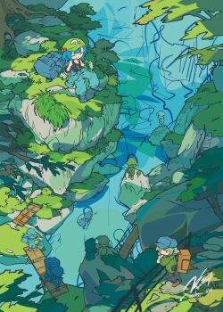 6+girls absurdres alternate_costume backpack bag black_pants black_tank_top blue_bag blue_hair blue_hat blue_pants blue_shoes commentary_request cucumber doggo_1d34 eating fishing fishing_rod gloves green_hair green_hat green_shirt grey_gloves hair_bobbles hair_ornament hat highres holding holding_fishing_rod jewelry kappa_mob_(touhou) kawashiro_nitori key key_necklace multiple_girls necklace outdoors pants shirt shoes signature sitting swimming tank_top touhou twitter_username two_side_up unfinished water waterfall yamashiro_takane