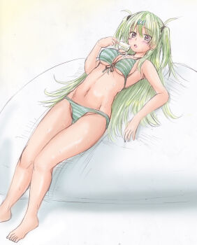 Rule 34 | 1girl, :o, alternate costume, bare legs, barefoot, bikini, blush, breasts, commentary, dutch angle, fish hair ornament, food, foot out of frame, front-tie bikini top, front-tie top, green bikini, green hair, green streaks, groin, hair between eyes, hair ornament, hair spread out, hand up, heaven burns red, highres, holding, holding food, holding popsicle, long hair, looking at viewer, lying, medium breasts, melting popsicle, multicolored hair, navel, on back, ooshima isuzu, open mouth, popsicle, red eyes, sidelocks, simple background, solo, stomach, streaked hair, striped bikini, striped clothes, suggestive fluid, sweat, swimsuit, thighs, two side up, underboob, very long hair, white background, yo-jin