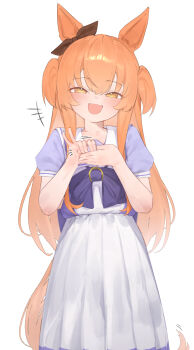 +++ 1girl animal_ears blush bow bowtie brown_bow commentary ear_bow highres horse_ears horse_girl horse_tail horseshoe_ornament long_hair looking_at_viewer mayano_top_gun_(umamusume) open_mouth orange_eyes orange_hair orange_tail puffy_short_sleeves puffy_sleeves purple_bow purple_bowtie purple_shirt school_uniform shirt short_sleeves simple_background skirt smile solo tail tracen_school_uniform umamusume white_background white_skirt xaea_xp