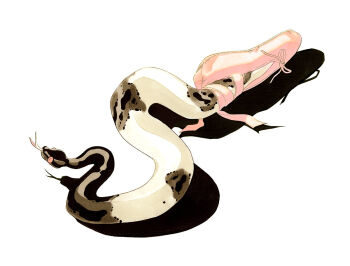 animal ankle_ribbon ball_python ballet_slippers bow brown_scales commentary english_commentary fleebites footwear_bow forked_tongue full_body leg_ribbon marker_(medium) no_humans no_sclera on_ground original pastel_colors pink_bow pink_eyes pink_ribbon pink_shoes python ribbon shadow shoes simple_background single_shoe slit_pupils snake tongue tongue_out traditional_media white_background white_scales