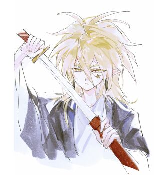 Rule 34 | 1boy, alternate costume, aotu world, bishounen, black kimono, blonde hair, chinese commentary, closed mouth, earrings, eyes visible through hair, facial mark, godrose (aotu world), hair between eyes, highres, holding, holding sheath, holding sword, holding weapon, japanese clothes, jewelry, katana, kimono, long hair, long sleeves, looking at viewer, male focus, oreoc, pointy ears, sheath, shirt, simple background, solo, star (symbol), sword, unsheathing, upper body, weapon, white background, white shirt, wide sleeves, yellow eyes