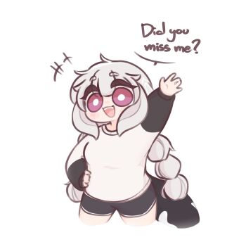 +++ 1girl :d arm_up artist_self-insert black_shorts braid cetacean_tail chonkyorca commentary english_text fins fish_tail grey_hair hand_on_own_hip highres long_sleeves looking_at_viewer low_twintails open_mouth orca_(chonkyorca) original puffy_long_sleeves puffy_sleeves purple_eyes shirt short_eyebrows short_shorts shorts simple_background sleeves_past_wrists smile solo symbol-only_commentary tail thick_eyebrows twin_braids twintails white_background white_shirt