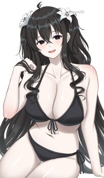 1girl bikini black_bikini black_eyes black_hair collarbone commentary_request flower fubuki_(senran_kagura) hair_flower hair_ornament highres looking_at_viewer open_mouth senran_kagura senran_kagura_new_link simple_background smile solo surippa1010 swimsuit twitter_username white_background white_flower