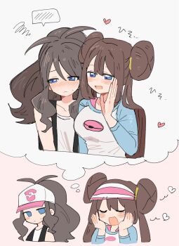blush brown_hair closed_eyes commentary_request han0579 hands_on_own_face highres hilda_(pokemon) long_hair multiple_girls nintendo pokemon ponytail rosa_(pokemon) speech_bubble thought_bubble twintails yuri