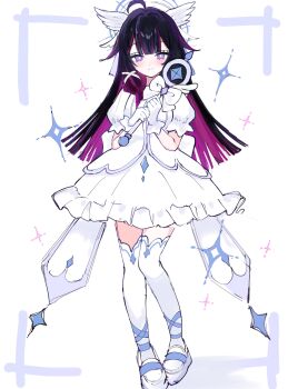 Rule 34 | 1girl, blush, columbina (genshin impact), commentary request, genshin impact, hair ornament, highres, hime cut, holding, holding wand, long hair, looking at viewer, magical girl, multicolored hair, purple eyes, shoes, smile, thighhighs, wand, watari 0208, white thighhighs, winged hair ornament, x hair ornament