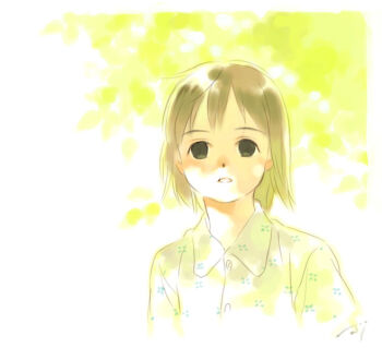 1girl bad_id black_eyes border brown_hair commentary_request dot_nose dress_shirt green_shirt green_sleeves koike_sadaji leaf looking_at_viewer no_pupils original parted_lips shade shirt short_hair signature solo straight_hair upper_body white_background white_border wing_collar