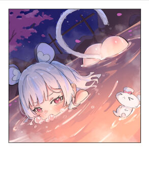 1girl absurdres air_bubble animal_ears ass bathing border bubble butt_crack cherry_blossoms highres indie_virtual_youtuber maplesights mouse_ears mouse_girl mouse_tail nemimi_yane night nude onsen short_hair sky solo tail tree virtual_youtuber white_border white_hair