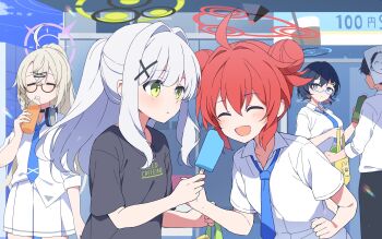 1boy 4girls absurdres ahoge aqua-framed_eyewear bag black-framed_eyewear black_hair black_shirt blonde_hair blue-framed_eyewear blue_archive blue_halo blue_necktie blue_sky blush bottle breasts chihiro_(blue_archive) closed_eyes closed_mouth collared_shirt commentary_request cross_hair_ornament doodle_sensei_(blue_archive) double_bun drink drinking eating energy_drink food glasses green_eyes grey_hair hair_between_eyes hair_bun hair_intakes hair_ornament halo hare_(blue_archive) highres holding holding_bottle holding_food holding_popsicle kotama_(blue_archive) long_hair maki_(blue_archive) mochigome_(ununquadium) multiple_girls necktie open_mouth pleated_skirt ponytail popsicle purple_halo rabbit_hair_ornament red_hair red_halo school_uniform semi-rimless_eyewear sensei_(blue_archive) shirt short_hair skirt sky smile t-shirt under-rim_eyewear veritas_(blue_archive) white_shirt yellow_bag