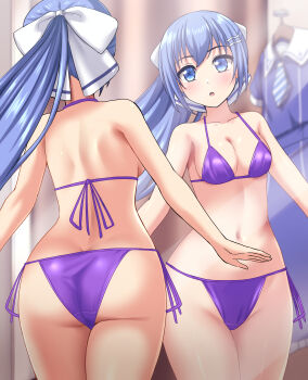 Rule 34 | 1girl, :o, absurdres, ass, back, bikini, blue eyes, blue hair, blurry, blurry background, blush, breasts, cleavage, commentary request, commission, crotch seam, depth of field, fitting room, hair ornament, hair ribbon, hairclip, halterneck, highres, indoors, looking at viewer, navel, original, panties, partial commentary, pixiv commission, ponytail, purple panties, reflection, ribbon, school uniform, side-tie bikini bottom, small breasts, solo, standing, string bikini, swimsuit, underwear, unworn clothes, white ribbon, zanntetu