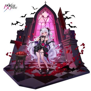 Rule 34 | 1girl, absurdres, alcohol, asymmetrical gloves, banner, bat (animal), bat wings, black dress, black gloves, block heels, bottle, bow, breasts, checkered floor, church, clothing cutout, commentary request, copyright name, cowlick, crescent, criss-cross halter, cross, cross necklace, cup, demon girl, diamond (shape), diamond cutout, dress, dress flower, drinking glass, elbow gloves, flower, footwear bow, full body, gloves, halterneck, hand on own face, highres, holding, holding cup, indoors, jewelry, latin cross, lilith (crimson moonlight) (poker fate), lilith (poker fate), long hair, looking at viewer, multicolored hair, necklace, o-ring, o-ring thigh strap, official alternate costume, official art, petals, poker fate, red eyes, red flower, red hair, red rose, red streaks, red wine, rose, rose petals, shebaotower, side ponytail, simple background, single elbow glove, small breasts, solo, sparkle, statue, streaked hair, thigh strap, two-tone dress, uneven gloves, very long hair, white background, white hair, wine, wine bottle, wine glass, wings