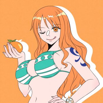 1girl ;q bangle bare_shoulders bikini birthday blue_tattoo bracelet breasts closed_mouth commentary flat_color food fruit green_bikini hand_on_own_hip highres holding holding_food holding_fruit jewelry large_breasts log_pose long_hair looking_at_viewer mandarin_orange nami_(one_piece) nami_(one_piece)_(return_to_sabaody) navel one_eye_closed one_piece orange_background orange_eyes orange_hair portgaspade shoulder_tattoo single_sidelock smile solo stomach striped_bikini striped_clothes swimsuit tattoo tongue tongue_out upper_body wavy_hair