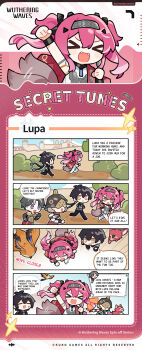 >_< 2boys 2girls absurdres armor black_bow black_hair black_jacket black_pants bodysuit bow breastplate clenched_hand collar commentary earrings english_commentary english_text fanniko hair_between_eyes hair_bow hair_ornament hairband highres jacket jewelry jogging logo long_hair lupa_(wuthering_waves) metal_collar metal_hairband multiple_boys multiple_girls multiple_hair_bows open_mouth pants pink_hair red_pupils red_sash sash second-party_source smile speech_bubble tail tail_wagging white_bodysuit wolf wolf_tail wrist_guards wuthering_waves yellow_eyes