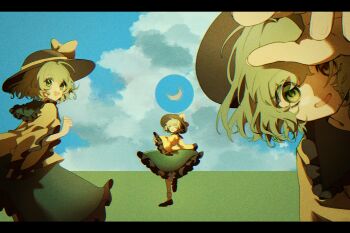 3girls black_hat clone cloud green_eyes green_hair green_skirt hat highres komeiji_koishi long_sleeves looking_at_viewer multiple_girls open_mouth outdoors shirt skirt smile standing standing_on_one_leg touhou wide_sleeves yellow_shirt yoshino_(q_sci)