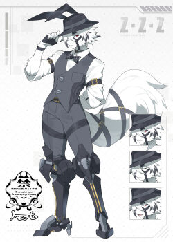 1boy animal_ears arm_behind_back bicep_strap black_bow black_bowtie black_gloves body_fur bow bowtie closed_mouth collared_vest colored_tips commentary_request copyright_name dotted_background fake_animal_ears fingerless_gloves full_body furry furry_male gloves grey_pants grey_vest half_gloves hand_on_headwear hand_up highres looking_at_viewer male_focus matsumoto_tomoyohi multicolored_hair multiple_boys muzzle_(mask) open_mouth pants prosthesis prosthetic_leg rabbit_ears red_eyes shirt short_hair sleeves_rolled_up tail tail_belt vest von_lycaon white_background white_fur white_hair white_shirt wolf_boy wolf_ears wolf_tail zenless_zone_zero
