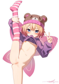1girl absurdres animal_hat bear_hat blonde_hair blue_eyes blush bottomless cleft_of_venus commission fairy_wings feet flat_chest gradient_hair hat highres indie_virtual_youtuber leg_lift leg_up lifting_own_clothes loli long_sleeves looking_at_viewer mouth_hold multicolored_hair navel nipples over-kneehighs pink_hair pink_socks pixiv_commission pussy second-party_source short_hair simple_background sizzlesjellyqueen smile socks soles solo split standing standing_on_one_leg standing_split stomach striped_clothes striped_socks thighhighs two-tone_hair uncensored v virtual_youtuber white_background wings zds