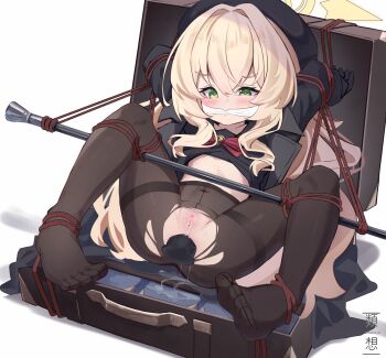 1girl absurdres anal anal_object_insertion bdsm beret black_coat black_hat black_pantyhose black_sailor_collar black_serafuku blonde_hair blue_archive bondage bound bound_arms bound_legs bow bowtie cane coat fluffy_hair gag gagged green_eyes halo hat highres m_legs navel no_panties no_pants no_shoes object_insertion open_clothes open_coat pantyhose professor_niyaniya_(blue_archive) pussy red_bow red_bowtie ren_ruisou restrained sailor_collar school_uniform serafuku side_ahoge simple_background solo spread_legs stationary_restraints torn_clothes torn_pantyhose white_background yellow_halo