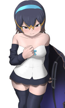 1girl absurdres bare_shoulders black_eyes black_hair black_skirt black_sleeves black_thighhighs blonde_hair blue_hairband blush brown_hair commentary_request cowboy_shot detached_sleeves eastern_santa_cruz_giant_tortoise_(kemono_friends) hair_between_eyes hairband highres kemono_friends looking_at_viewer multicolored_hair pleated_skirt reptile_girl rest_in_muni shirt short_hair sidelocks skirt solo thighhighs turtle_girl turtle_shell white_shirt zettai_ryouiki