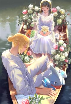 1boy 1girl akari_(pokemon) alternate_costume black_hair blonde_hair boat book commentary_request croissant cup dress drinking_glass facing_another flower food fruit gen_4_pokemon gible grapes hair_bun highres holding holding_pokemon mitama_(mokochiko) nintendo oil_lamp open_book open_mouth pants pink_flower pink_rose pokemon pokemon_(creature) pokemon_legends:_arceus rose rowboat shirt single_hair_bun strawberry volo_(pokemon) watercraft white_dress white_flower white_pants white_rose white_shirt wine_glass