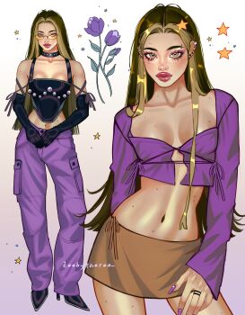 1girl absurdres alternate_costume arm_behind_back artist_name baggy_pants black_bustier black_choker black_gloves blonde_hair boots breasts brown_hair brown_skirt bustier capri_pants choker closed_mouth colored_bangs crop_top darcy_(winx_club) ear_piercing elbow_gloves eyebrow_piercing eyelashes eyeshadow face_piercing fashion fingernails flower full_body gem gem-studded_nails gloves gradient_background hair_over_breasts hair_over_one_breast hand_on_own_arm high_heel_boots high_heels highres jewelry long_fingernails long_hair long_sleeves looking_at_viewer makeup midriff mole mole_on_breast mole_on_cheek mole_on_forehead mole_on_leg mole_on_neck mole_on_stomach multicolored_hair navel pants pearl_(gemstone) piercing pink_lips purple_background purple_eyeshadow purple_flower purple_nails purple_pants purple_shirt redesign ring shirt skirt small_breasts square_neckline star_(symbol) straight_hair streetwear thick_eyebrows thick_lips thigh_strap tinted_eyewear two-tone_hair upper_body white_background winx_club yellow-tinted_eyewear yellow_eyes zeebythesea