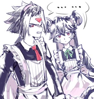 ... 1boy 1girl apron artist_request crossdressing crossdressing_(mtf) facial_mark forehead_mark highres limited_palette long_hair maid male_maid mega_man_(series) mega_man_zx pandora_(mega_man) prometheus_(mega_man) red_eyes second-party_source simple_background speech_bubble two_side_up white_background