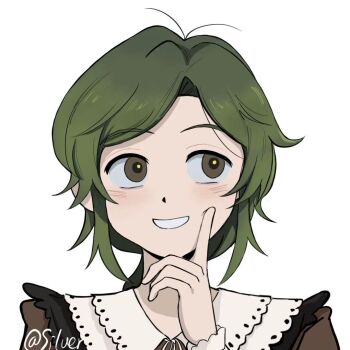 1girl blush brown_eyes chinese_commentary commentary_request frilled_shirt_collar frills green_hair grin index_finger_raised looking_up marina_kaplan medium_hair parted_bangs portrait simple_background smile solo tan_kao_zhanglang_juan white_background z.a.t.o._//_i_love_the_world_and_everything_in_it