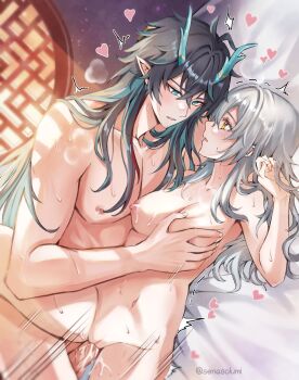 1boy 1girl black_hair breasts commentary completely_nude dan_heng_(honkai:_star_rail) dan_heng_(imbibitor_lunae)_(honkai:_star_rail) dragon_boy dragon_horns eastern_dragon_horns english_commentary green_hair grey_hair hair_between_eyes highres honkai:_star_rail honkai_(series) horns long_hair lying navel nipples nude pointy_ears pussy senasolumi sex stelle_(honkai:_star_rail) stomach trailblazer_(honkai:_star_rail) vaginal yellow_eyes
