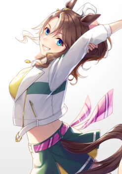 1girl akatsuki_(kuon) animal_ears belt blush breasts brown_hair commentary_request crop_top cropped_jacket fur-trimmed_jacket fur_trim green_skirt grin horse_ears horse_girl horse_tail jacket large_breasts long_hair long_sleeves looking_at_viewer mejiro_palmer_(line_breakthrough)_(umamusume) mejiro_palmer_(umamusume) midriff multicolored_hair open_mouth pink_belt ponytail shirt simple_background skirt smile solo streaked_hair stretching tail teeth umamusume white_background white_hair white_jacket yellow_shirt yellwo_shirt