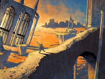 1other ambiguous_gender armor bearer_of_the_curse bridge dark_souls_(series) dark_souls_ii evening fuifui full_armor gauntlets helmet holding holding_sword holding_weapon knight railing ruins shadow shield shield_on_back solo sword walking water weapon