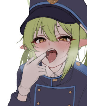 1girl absurdres black_shirt blue_archive blush buttons commentary_request double-breasted fangs gadeung_hye gloves green_hair hair_between_eyes hat heavy_breathing highres long_hair long_sleeves looking_at_viewer mouth_pull nozomi_(blue_archive) open_mouth peaked_cap pointy_ears shirt solo sweat tongue tongue_out twintails undershirt upper_body white_gloves yellow_eyes