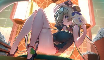 1girl :3 absurdres ahoge arm_up backlighting bare_shoulders black_dress black_gloves black_shoes blonde_hair breasts bright_pupils china_dress chinese_clothes chinese_commentary closed_mouth commentary_request cup dongyang_kissoml dress eyelashes eyewear_on_head fingerless_gloves full_body gloves hair_intakes hand_fan hand_up highres holding holding_fan in_container in_cup indoors knees_together_feet_apart knees_up large_breasts legs looking_at_viewer lying medium_hair no_socks on_back pelvic_curtain purple_eyes shoes sitting sleeveless sleeveless_dress smile solo sunglasses sweety_(zenless_zone_zero) tareme teacup thigh_strap thighs white_pupils zenless_zone_zero