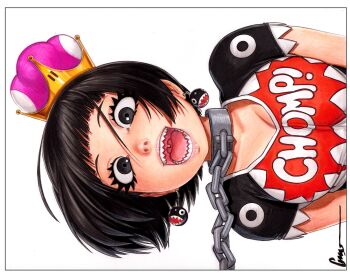 Rule 34 | 1girl, :d, adapted costume, artist name, black eyes, black hair, black shirt, bob cut, breasts, breasts squeezed together, chain, chain chomp, chain leash, cleavage, collar, commentary, creature and personification, crown, earrings, english commentary, excited, eyelashes, hair between eyes, jewelry, large breasts, leaning to the side, leash, mario (series), multicolored shirt, new super mario bros. u deluxe, nintendo, nose, omar dogan, open mouth, personification, pink lips, princess chain chomp, red shirt, sharp teeth, shirt, short hair, short sleeves, sideways, signature, smile, solo, super crown, t-shirt, teeth, tongue, uvula, v arms, white shirt, wide-eyed