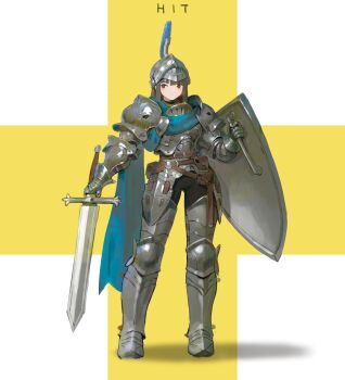 1girl absurdres arm_at_side armor arowana2111 belt black_pants breastplate brown_belt brown_hair commentary couter english_commentary full_armor full_body gauntlets hand_up helm helmet highres holding holding_knife holding_shield knife looking_to_the_side original pants rerebrace shadow shield solo standing vambraces white_background yellow_background