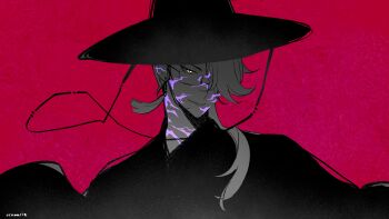 1boy absurdres artist_name black_hat black_robe earrings facial_mark glasses hair_over_one_eye hashtag-only_commentary hat highres jewelry kpop_demon_hunters looking_at_viewer male_focus medium_hair nijisanji nijisanji_en nrnmarie one_eye_covered parted_lips red_background robe simple_background smile smirk solo stud_earrings upper_body virtual_youtuber vox_akuma yellow_eyes