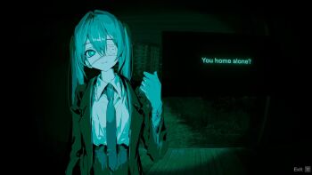 1girl aqua_eyes aqua_hair black_jacket black_necktie black_skirt blazer breasts cf_sdg closed_mouth dark double-parted_bangs eyepatch hair_between_eyes hashtag-only_commentary hatsune_miku highres jacket long_hair long_sleeves looking_at_another medical_eyepatch monitoring_(vocaloid) necktie no_i&#039;m_not_a_human one_eye_covered open_clothes open_jacket shirt skirt small_breasts tie_clip twintails vocaloid white_shirt