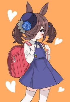 aged_down alternate_hairstyle animal_ears backpack bag blue_flower blue_hat blue_rose commentary_request flipped_hair flower hair_over_one_eye hat hat_flower highres horse_ears horse_girl horse_tail miyabi1221 rice_shower_(umamusume) rose school_bag tail tilted_headwear twintails umamusume