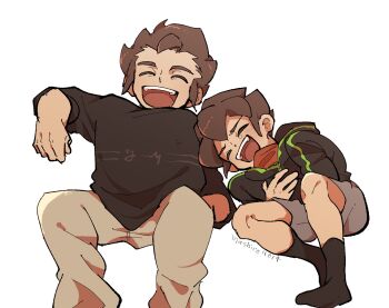 2boys black_socks brown_hair closed_eyes endou_haru endou_mamoru father_and_son hood hooded_jacket inazuma_eleven_(series) inazuma_eleven_victory_road jacket multiple_boys short_hair shorts simple_background smile socks twitter white_background