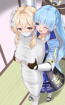 1852489 2girls :d absurdres ayaka_(genshin_impact) bdsm blonde_hair blue_eyes blue_hair bow commentary_request fingerless_gloves flower gagged genshin_impact gloves groping hair_bow hair_flower hair_ornament highres latex long_hair looking_at_another lumine_(genshin_impact) mole mole_under_eye multiple_girls mummification_(bound) one_eye_closed open_mouth ponytail short_hair_with_long_locks sleepsack smile standing variant_set very_long_hair yellow_eyes