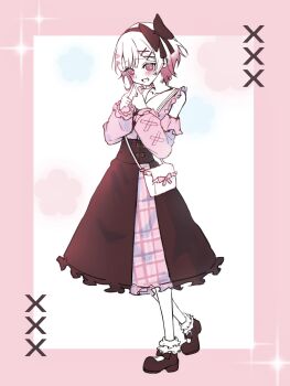 1girl absurdres black_hairband black_skirt book_off border clothing_cutout collared_shirt commentary_request frilled_skirt frills full_body gradient_hair hair_ornament hairband hands_up highres index_fingers_together long_sleeves looking_at_viewer mahou_shoujo_no_majo_saiban multicolored_hair official_alternate_costume open_mouth pink_border pink_eyes pink_hair pink_shirt sakuraba_ema shirt short_hair shoulder_cutout skirt smile solo standing tentan_(10tan_a) white_bag white_hair x_hair_ornament