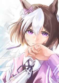 1girl absurdres animal_ears bow braid broken_glass brown_hair closed_mouth collared_shirt dirty dirty_face ear_bow ear_ribbon glass half_up_braid highres horse_ears horse_girl jacket kaulen.f looking_at_viewer multicolored_hair neck_ribbon purple_bow purple_eyes ribbon shirt short_hair special_week_(special_dreamer)_(umamusume) special_week_(umamusume) two-tone_hair umamusume upper_body vest white_hair white_jacket white_shirt wiping_face
