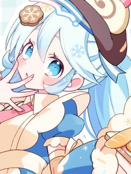 1girl apron aqua_eyes aqua_hair blush collared_shirt commentary_request cookie_hair_ornament food-themed_hair_ornament hair_between_eyes hair_ornament hatsune_miku kusunokimizuha long_hair looking_at_viewer necktie official_alternate_costume official_alternate_hairstyle open_mouth pink_necktie puffy_short_sleeves puffy_sleeves shirt short_sleeves snowflake_hair_ornament snowflake_print solo sprinkles twintails twitter_username very_long_hair vocaloid white_apron yuki_miku yuki_miku_(2026)