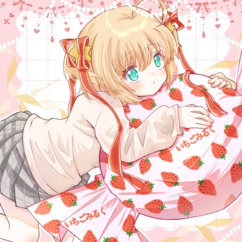 1girl :t ahoge blonde_hair blush candy closed_mouth commentary dutch_angle feet_out_of_frame food food_print fruit_print green_eyes grey_skirt hair_between_eyes hair_ornament hair_ribbon heart highres hugging_object kamikita_komari konomi_(konomi00e) little_busters! little_busters!_school_uniform long_ribbon long_sleeves looking_at_viewer medium_hair miniskirt petite plaid_clothes plaid_skirt pleated_skirt red_ribbon ribbon school_uniform simple_background skirt sleeves_past_wrists solo star_(symbol) star_hair_ornament strawberry_print sweater tareme translated twitter_username white_background yellow_sweater