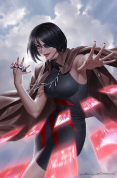 1girl black_dress black_eyes black_hair breasts brown_jacket card cloud comic_cover commentary cowboy_shot dress english_commentary eyepatch floating_clothes floating_hair floating_neckwear glowing glowing_card grey_background grey_sky highres holding holding_card jacket jacket_on_shoulders jewelry lady_bright large_breasts looking_at_viewer marvel mature_female motion_blur necklace official_art one_eye_covered reaching reaching_towards_viewer red_lips short_hair signature sky sleeveless sleeveless_dress solo throwing yoon_junggeun